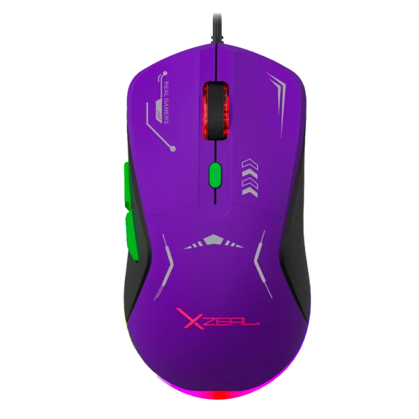 Mouse Gamer Ergonómico Xzeal XZ-401 Morado/Verde Óptico 72000DPI 6 Botones Alámbrico