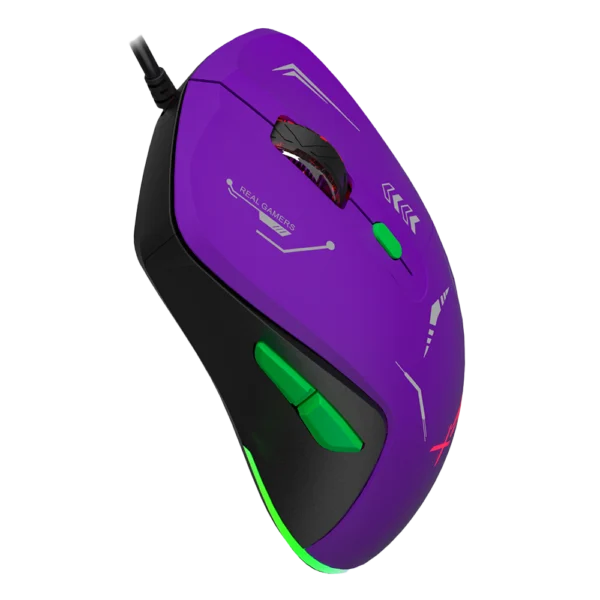 Mouse Gamer Ergonómico Xzeal XZ-401 Morado/Verde Óptico 72000DPI 6 Botones Alámbrico